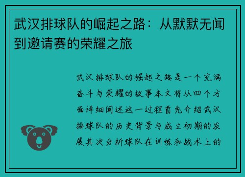 武汉排球队的崛起之路：从默默无闻到邀请赛的荣耀之旅